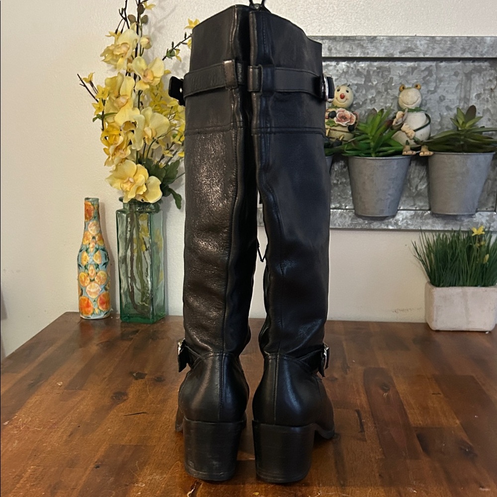 Coach Black Leather Knee-High Heeled Boots with Buckle Details - Picture 4 of 10